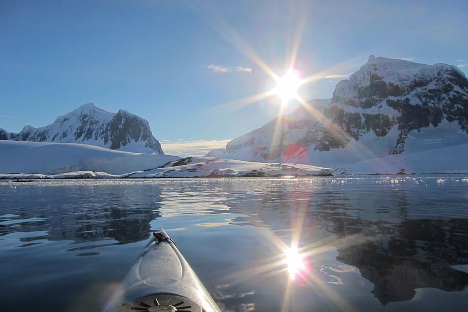 antarctic, midnight sun, kayak, polar, ice, frozen, sunburst