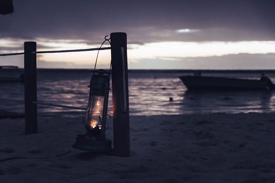 gray kerosene lantern, sky, water, sea, cloud - sky, beach, nature HD wallpaper
