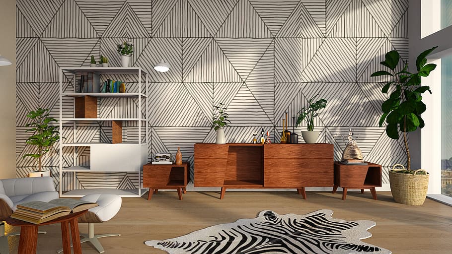 shelves, carpet, geometric pattern, room, light, furniture, HD wallpaper