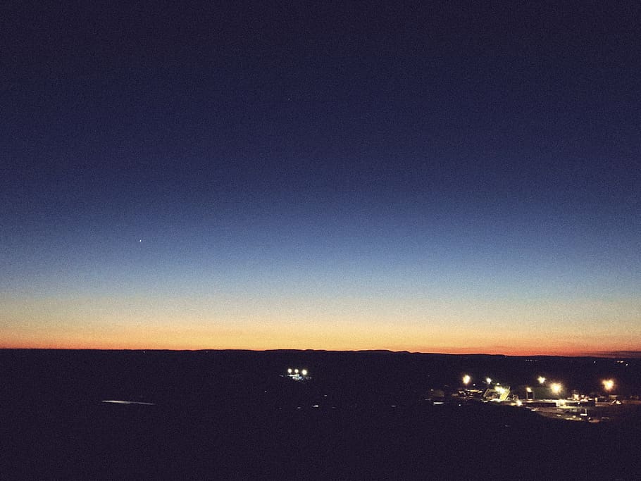 lights, sunset, dusk, night, evening, orange, blue, twilight HD wallpaper
