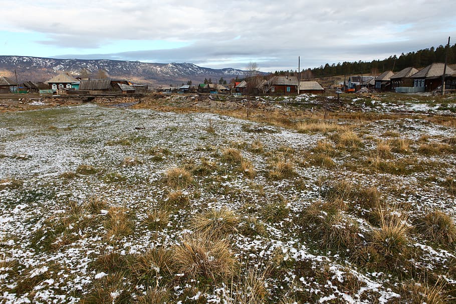 nature, landscape, field, grass, snow, winter, architecture HD wallpaper