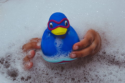 blue duck rubber, play, bubble, finger, tub, foam, toy, bathtub HD wallpaper