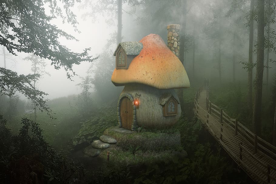 mushroom, house, forest, wood, fantasy, fantasy landscape, smoke, HD wallpaper