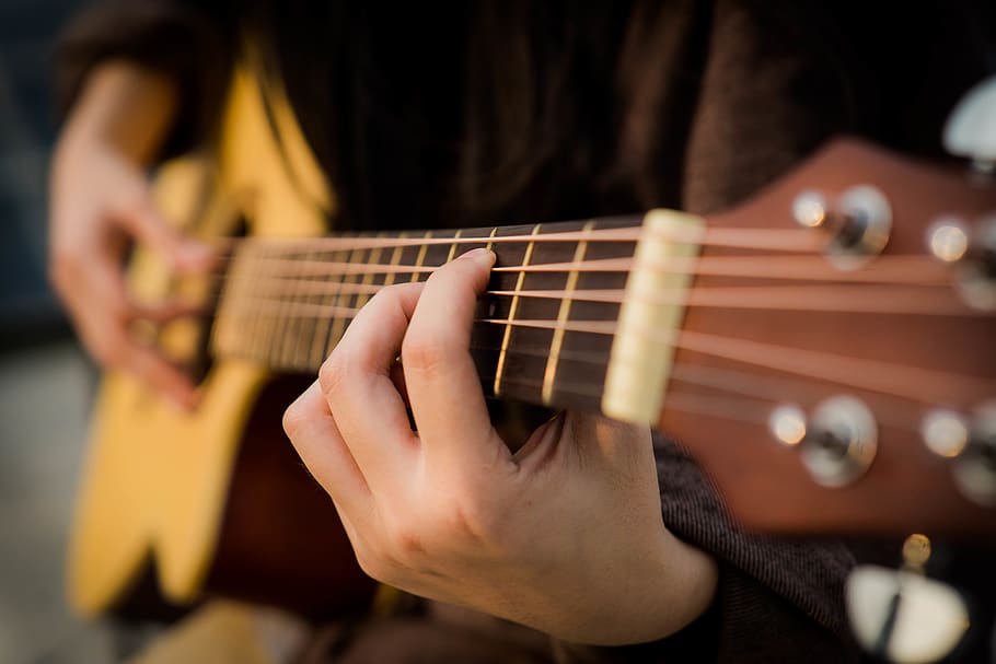 Person Playing Guitar, acoustic guitar, guitarist, musical instrument, HD wallpaper