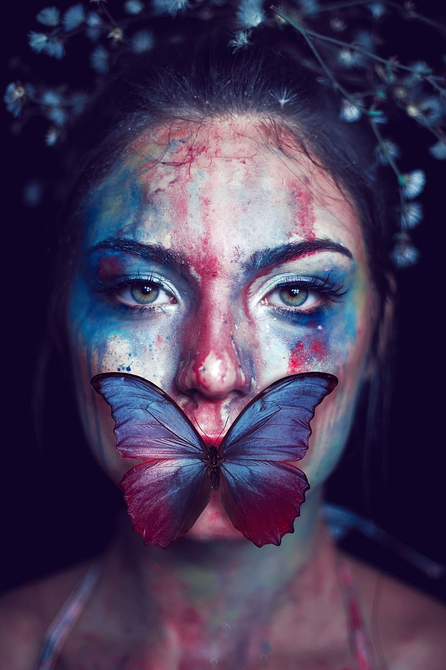 Woman's Face, art, artistic, artsy, beautiful, beauty, blue, butterfly, HD wallpaper
