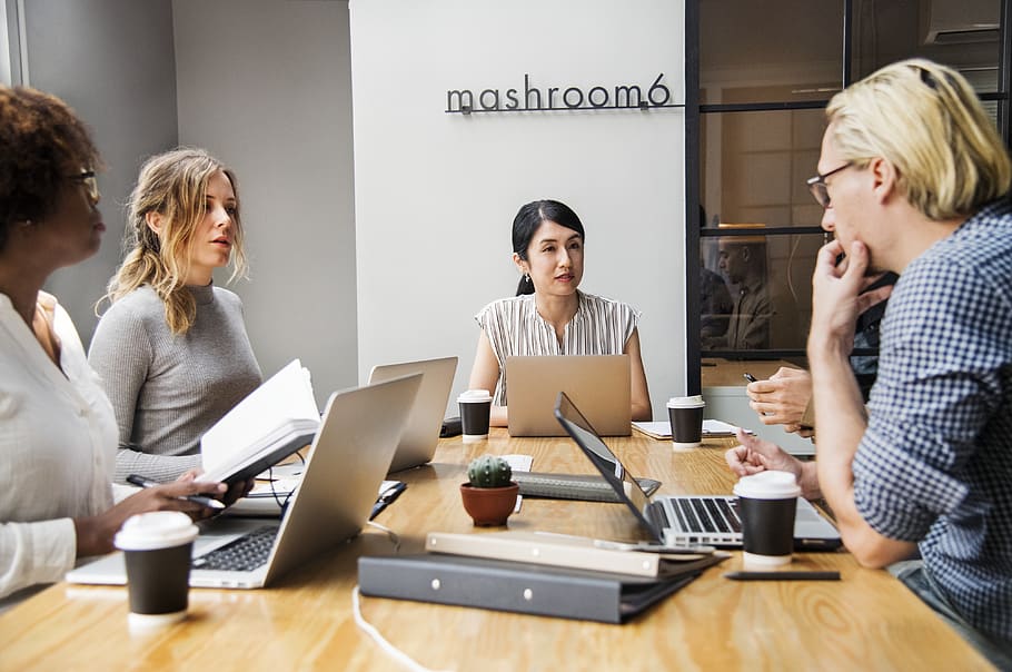 People in a Mashroom 6 Engaging in a Meeting, Asian, coffee, colleagues