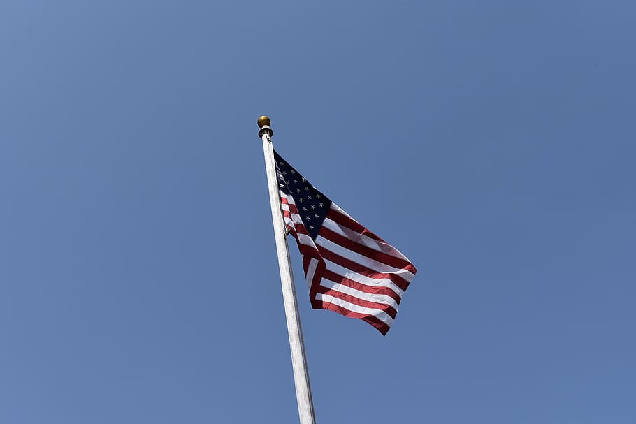 USA flag, emblem, pole, sky, american flag, stars and stripes HD wallpaper