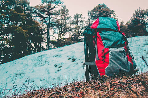 Gray and Red Hiking Backpack, adventure, bag, cold, daylight HD wallpaper