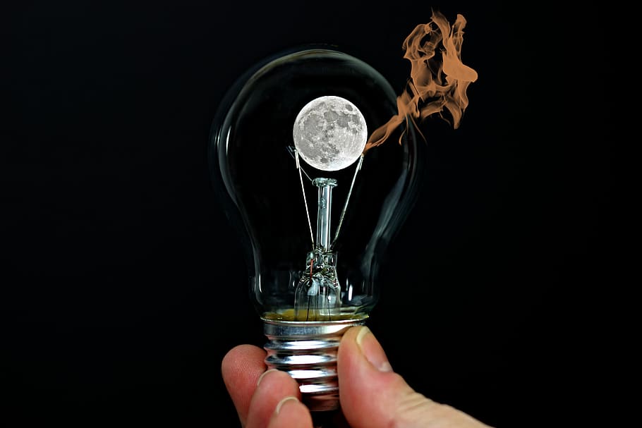 light bulb, hand, moon, keep, idea, energy, pear, inspiration HD wallpaper