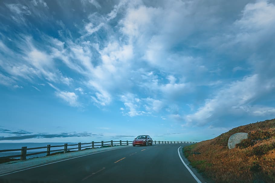 red car, transportation, cloud - sky, road, direction, the way forward