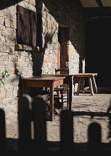 brown wooden table, plywood, hardwood, wall, furniture, flagstone HD wallpaper