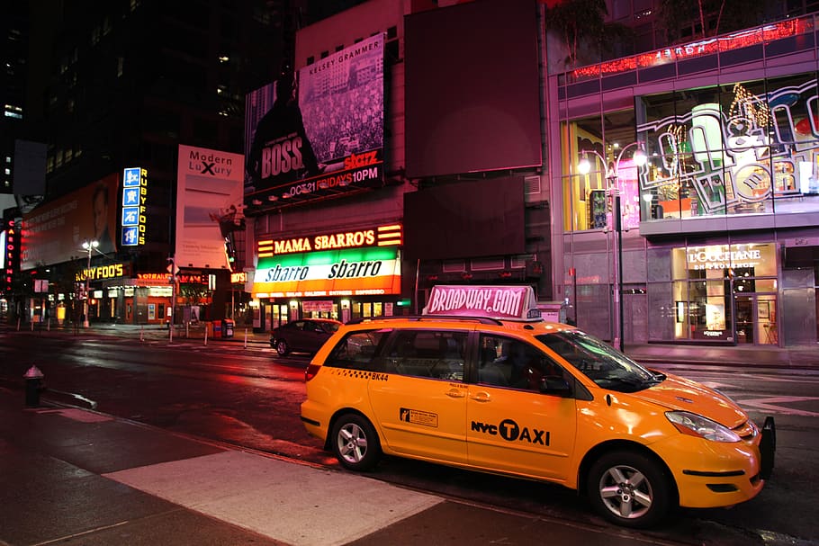 Yellow Hvc Taxi on Road during Night, buildings, cab, city, lights, HD wallpaper
