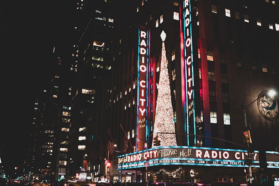 new york, radio city, united states, christmas tree, bright lights, HD wallpaper