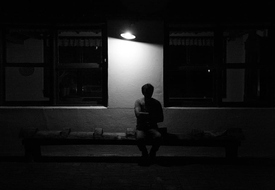 brazil, black, white, bench, light, man, sitting, night, one person HD wallpaper