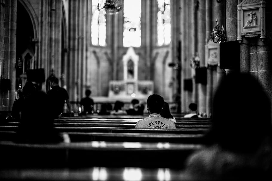 grayscale photo of wooden pew, person, people, human, church, HD wallpaper