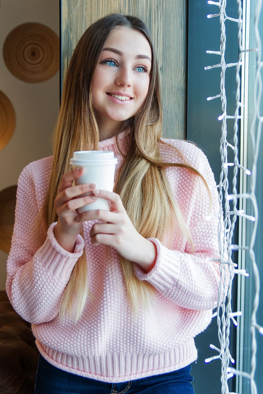 girl, young, board, window, café, smile, coffee, looking keeps HD wallpaper