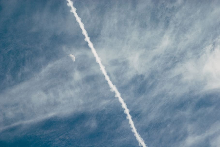 blue, clouds, gray, moon, sky, white, cloud - sky, vapor trail HD wallpaper