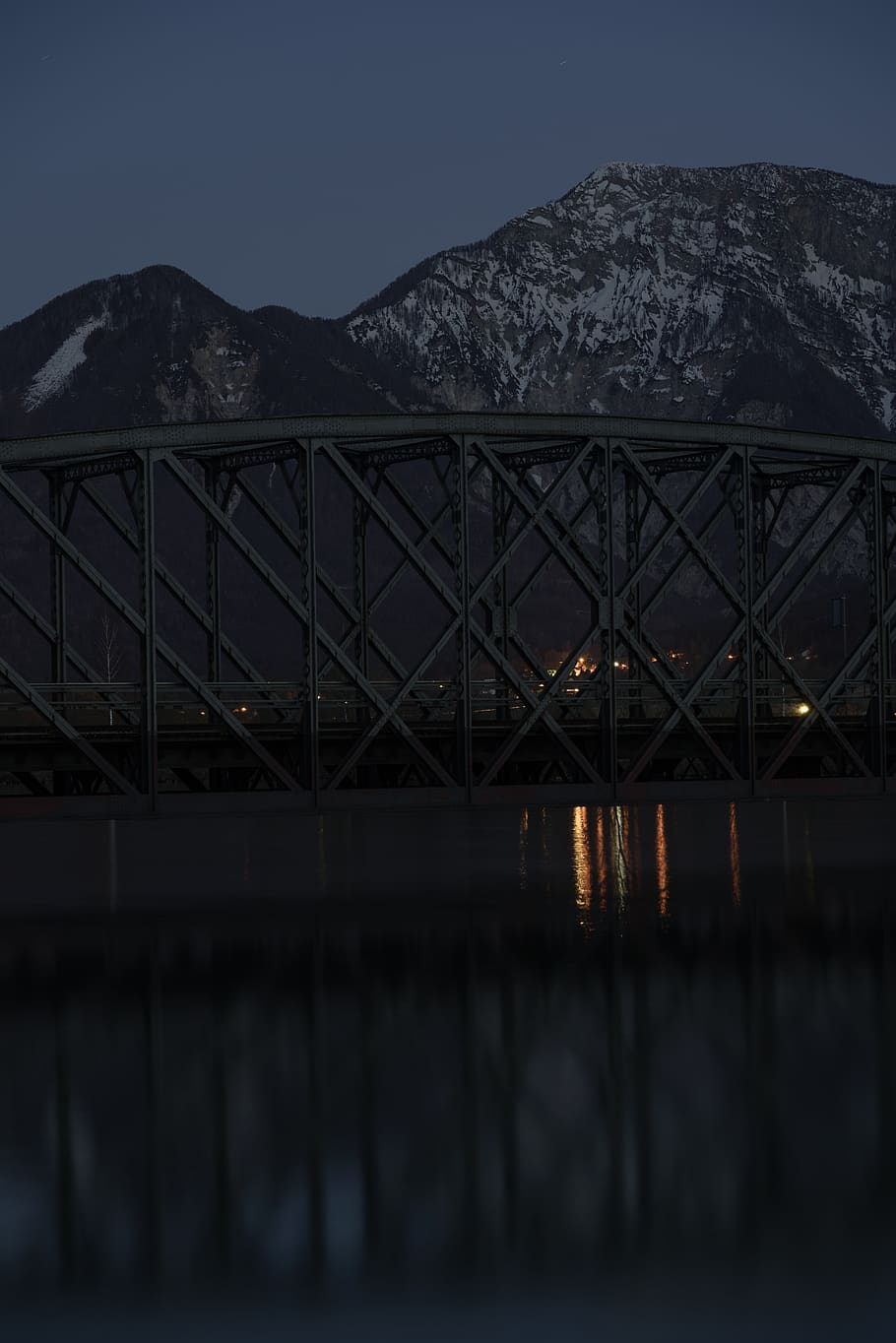 bridge beside mountain with snow, darkness, strau, ferlach, austria HD wallpaper