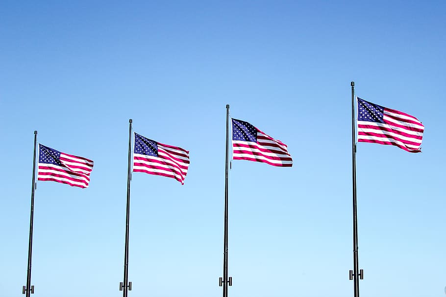 four USA flags under blue sky, patriotism, striped, nature, outdoors HD wallpaper