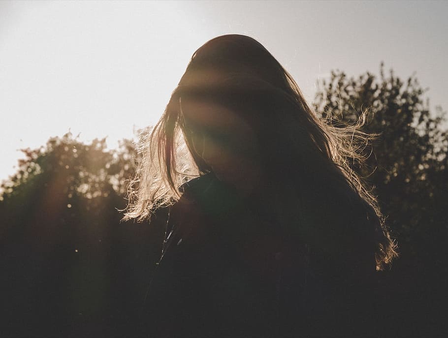 Silhouette of Woman, backlight, backlit, clouds, dawn, fog, girl HD wallpaper