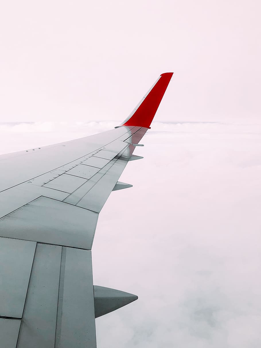white airplane, wing, sky, cloud, flying, red, red flying, air line HD wallpaper