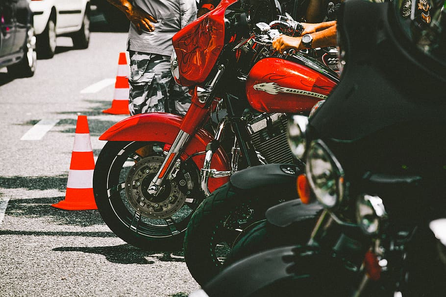 Photo of Parked Motorcycles, asphalt, blur, chopper, daylight HD wallpaper