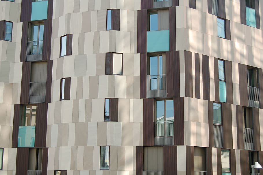 brown and blue building, architecture, window, pattern, geometric HD wallpaper