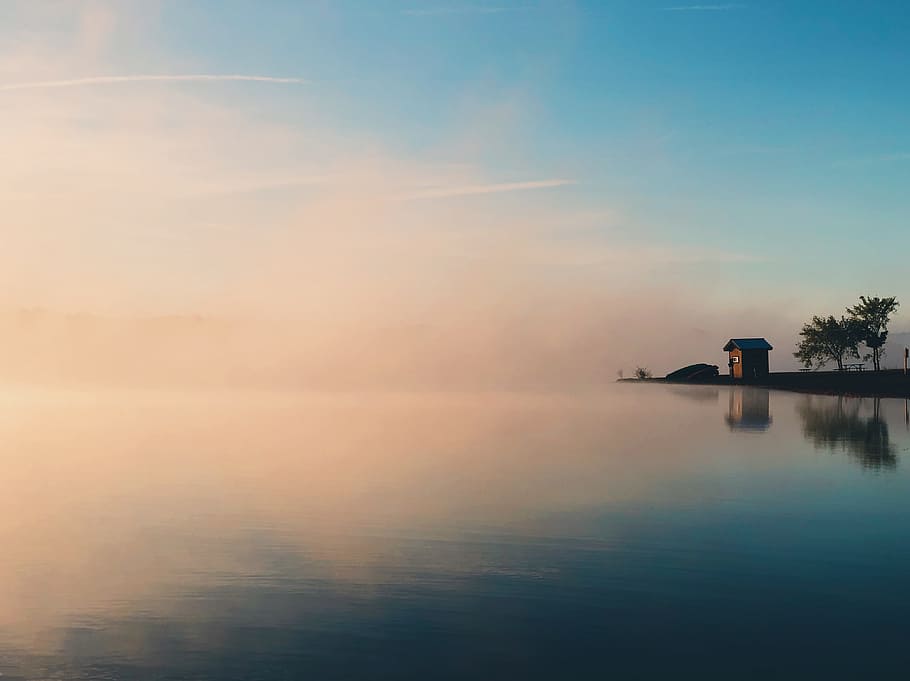 brown house beside large calm body of water, sunrise, sunset HD wallpaper