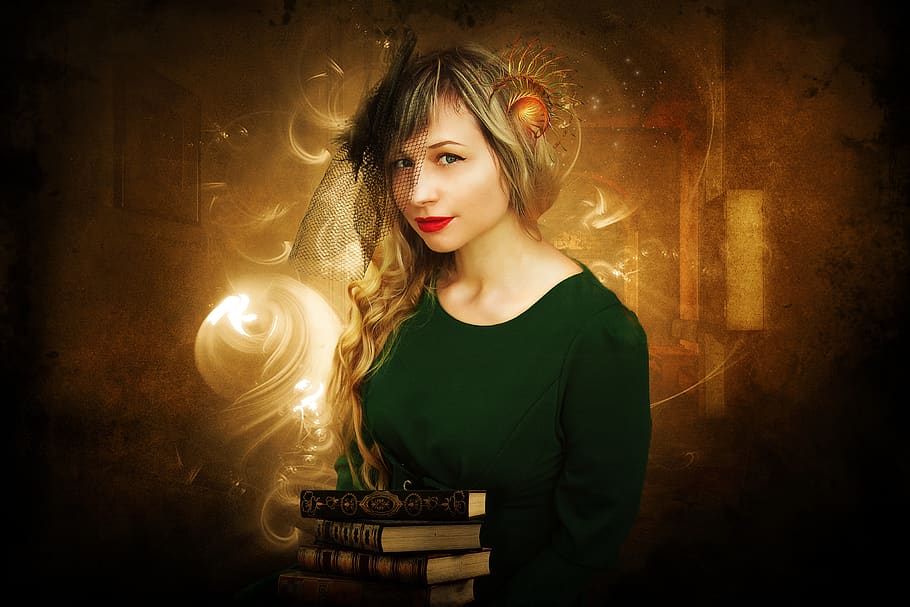 fantasy, magic, dream, books, room, female, woman, young, beauty HD wallpaper