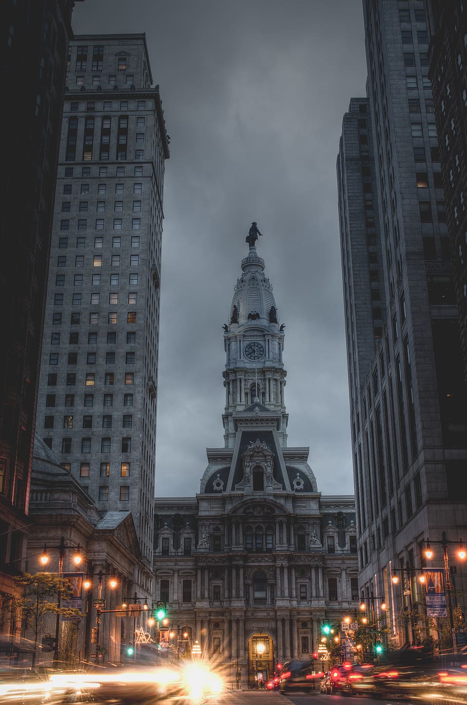 gray concrete building with clock under gray sky, architecture HD wallpaper