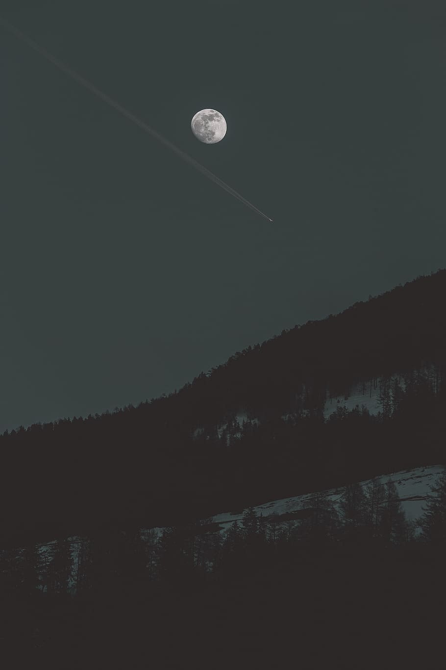 mountain under full moon view, nature, outdoors, space, outer space