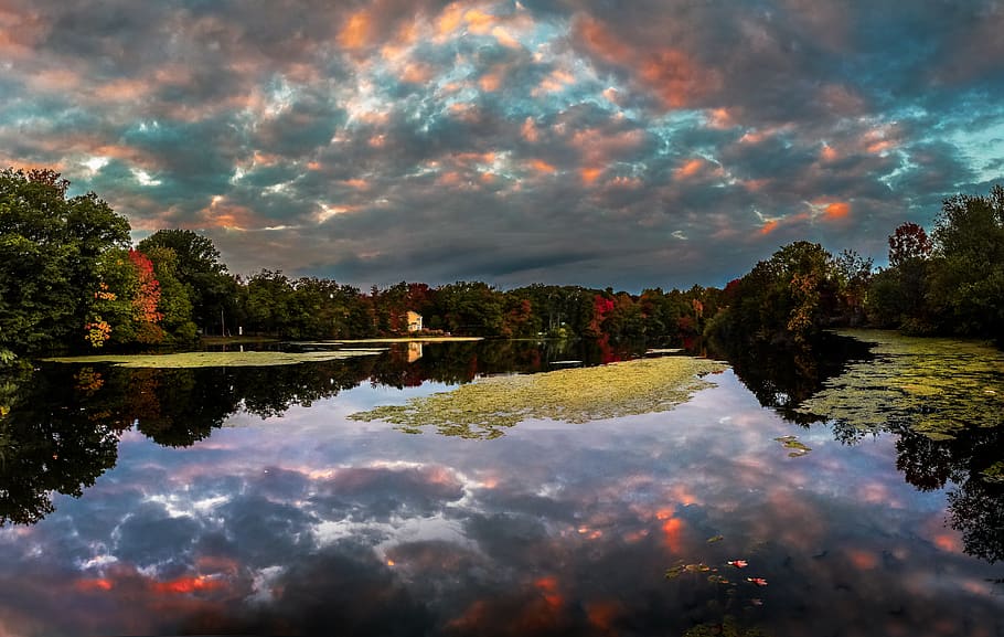 lake, clouds, water, nature, trees, landscape, air, sunset HD wallpaper