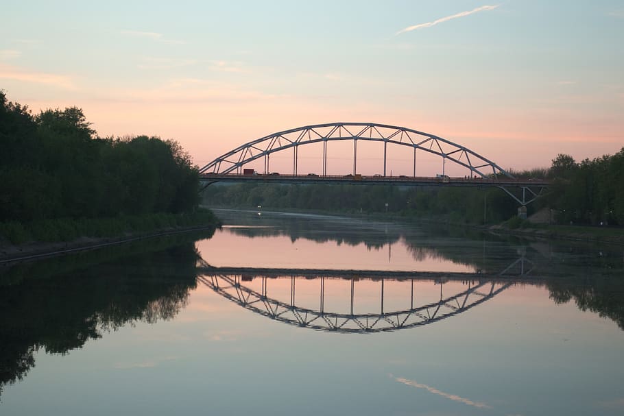 bridge, river, sunset, reflection, transport, water, traffic HD wallpaper