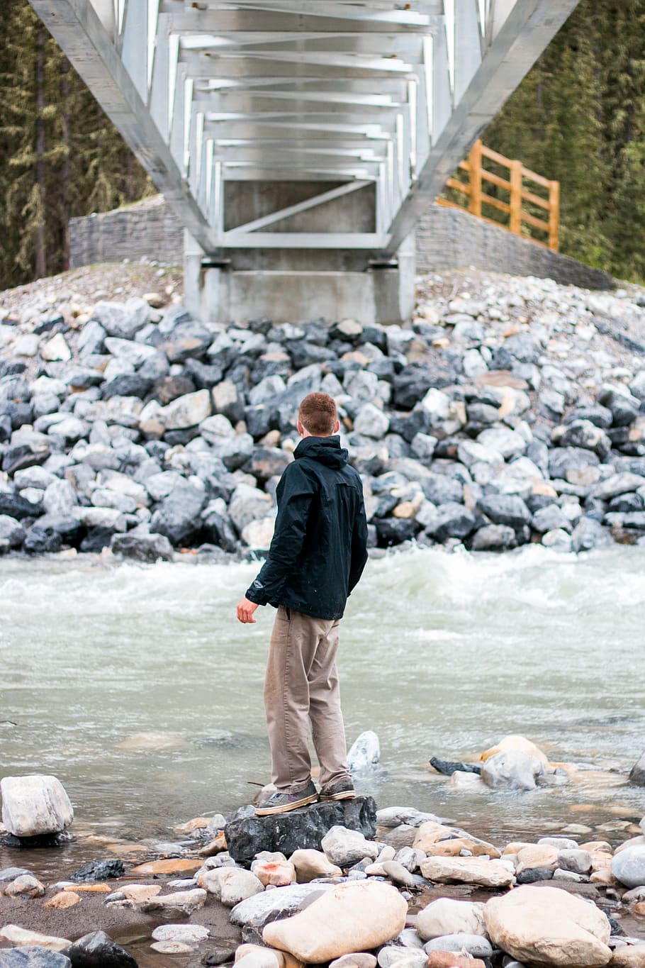 river, canada, banff, rocks, man, hike, bridge, nature, summer HD wallpaper