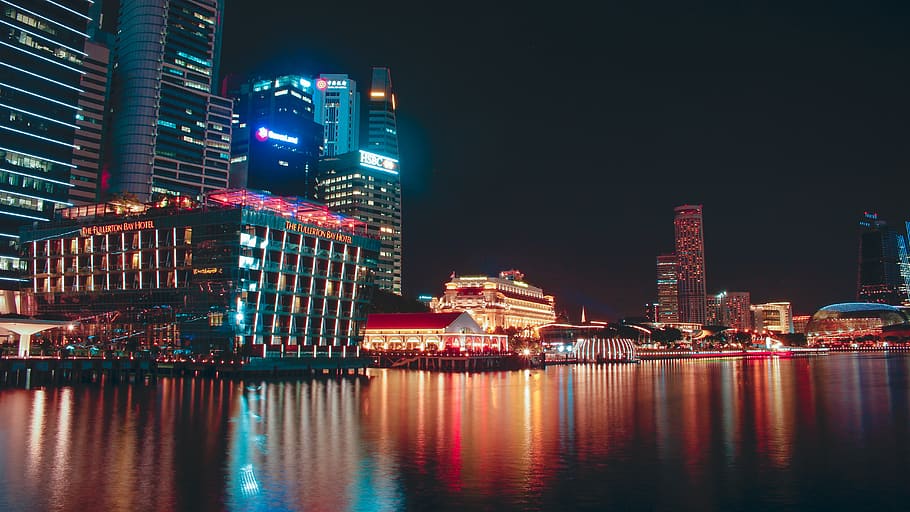 singapore, water, fullerton, reflection, buildings, night, calm, HD wallpaper