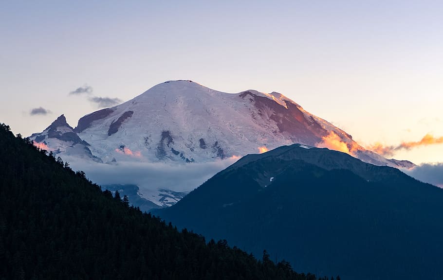 snow covered mountain, sky, sunset, sunrise, winter, cold, landscape HD wallpaper