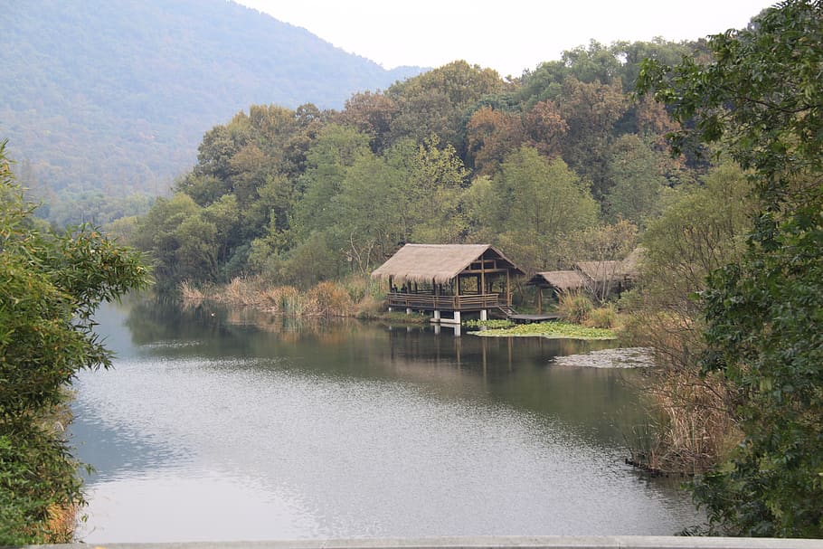 mountain, water, house, tree, plant, architecture, built structure HD wallpaper
