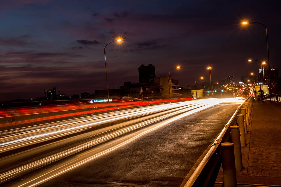Time Lapse Photo of Bridge and Highrise Buildings, asphalt, blur HD wallpaper