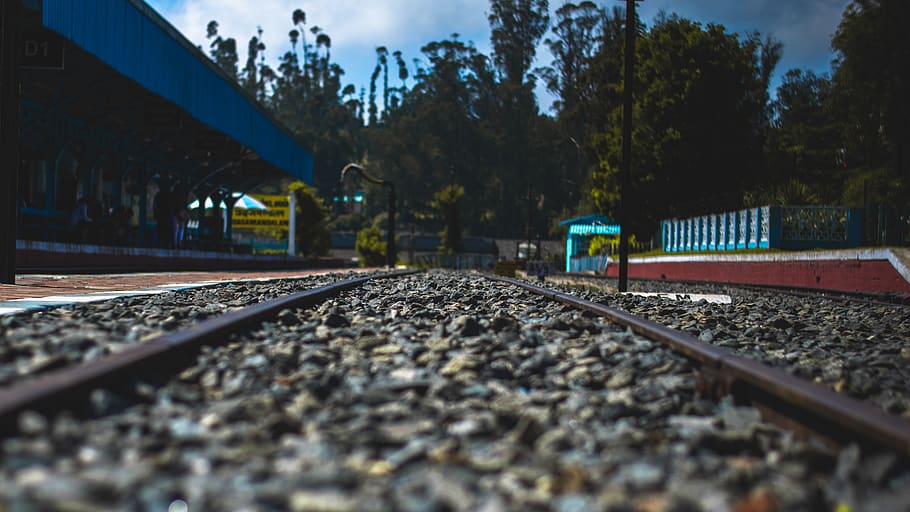 train track with trees background, railway, transportation, dirt road HD wallpaper