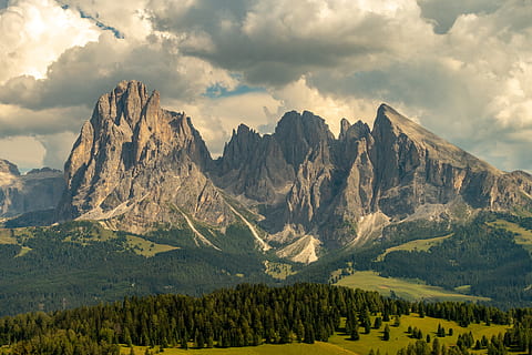trees near mountain, dolomite, dolomiti, cloud, sky, forest, hill HD wallpaper