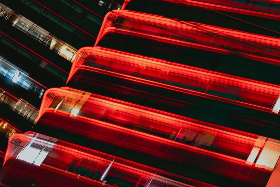 red LED light, neon, urban, building, city, transportation, vehicle HD wallpaper