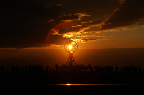 nordkapp, norway, globe, clouds, sculpture, sky, sunset, orange color HD wallpaper