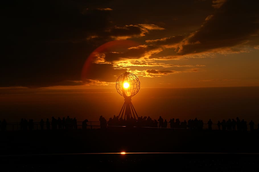 nordkapp, norway, globe, clouds, sculpture, sky, sunset, orange color HD wallpaper