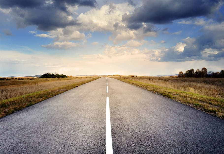 Asphalt Road Under Cloudy Sky, clouds, fields, grass, nature HD wallpaper