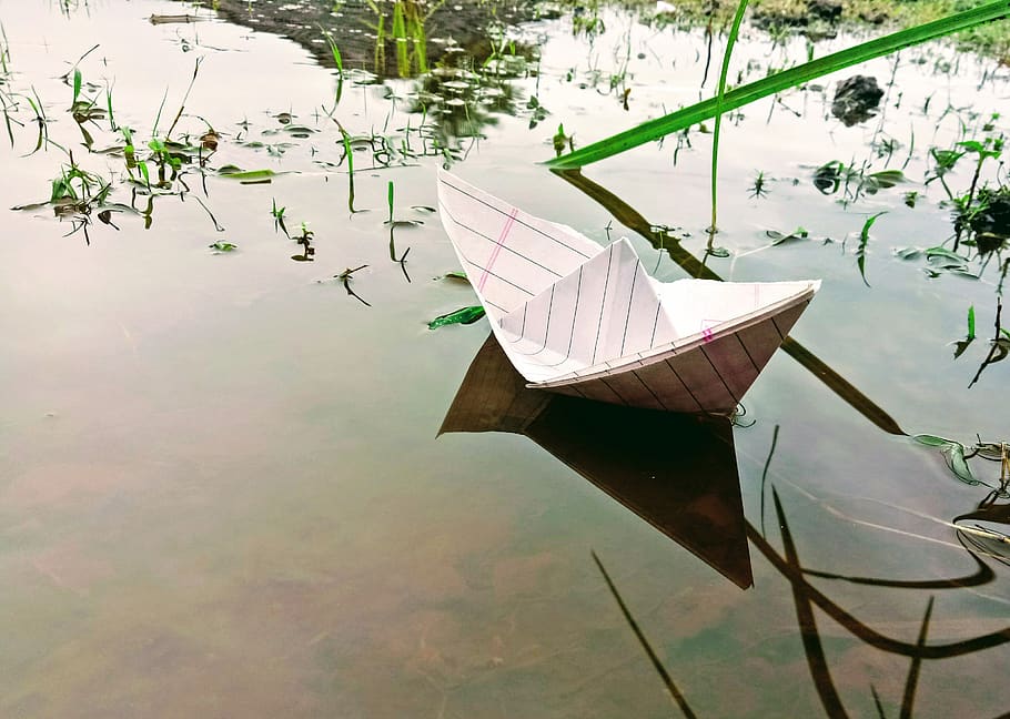 childhood, paper boat, simple, water, ship, handmade, rain, HD wallpaper