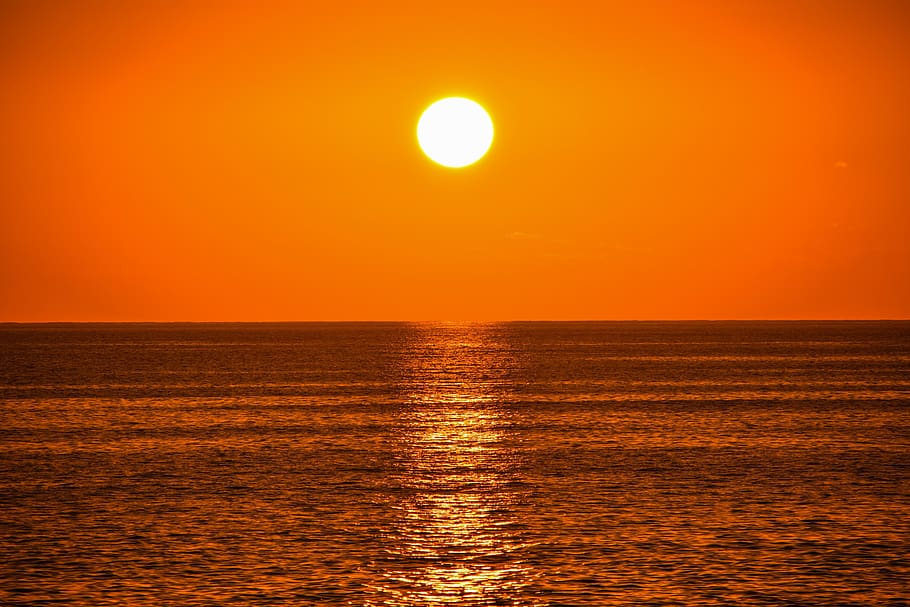 sunset, dusk, evening, sea, nature, seascape, reflections, orange HD wallpaper