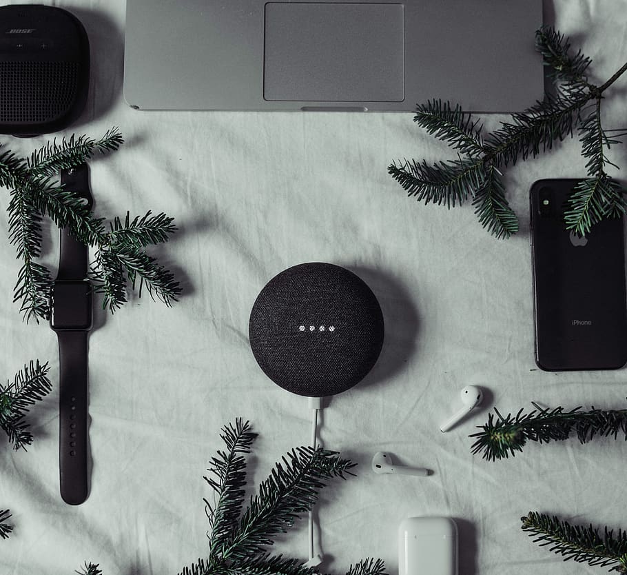 black Google Mini, tree, plant, cushion, pillow, conifer, fir HD wallpaper