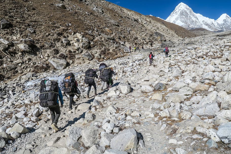 people carrying backpack, person, human, rubble, ground, khumbu icefall HD wallpaper