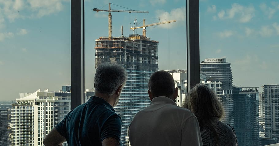person, human, construction crane, office building, urban, town