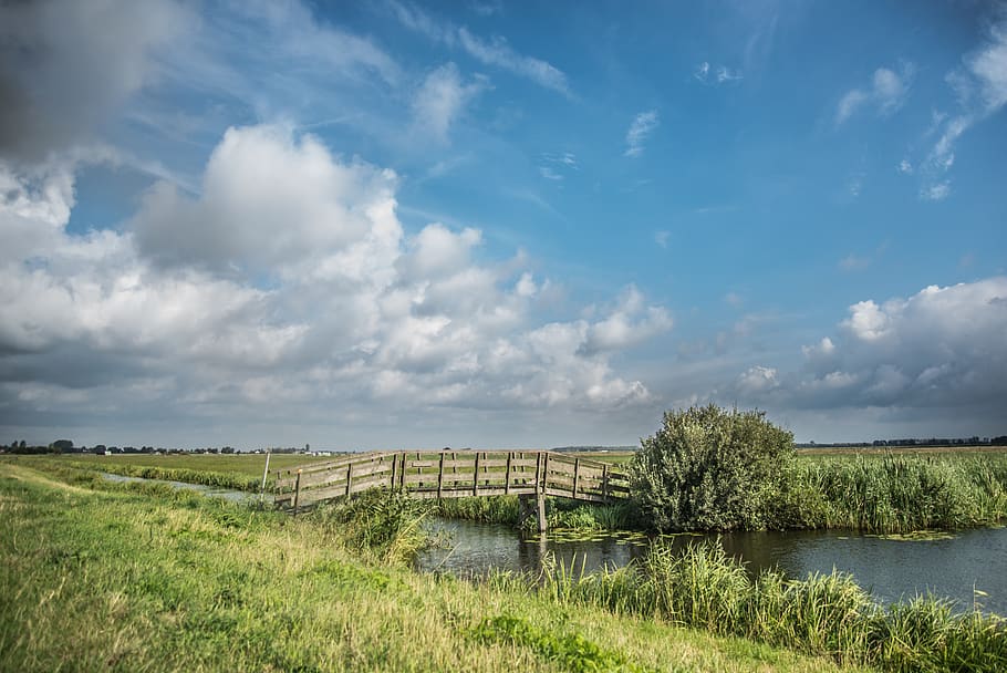 Wooden Bridge Connecting Green Fields, clouds, daylight, farm HD wallpaper